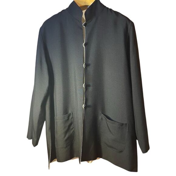 Anne Namba minimalist Unisex Black Ivory Silk Reversible Mandarin Jacket Sz L - Picture 1 of 12